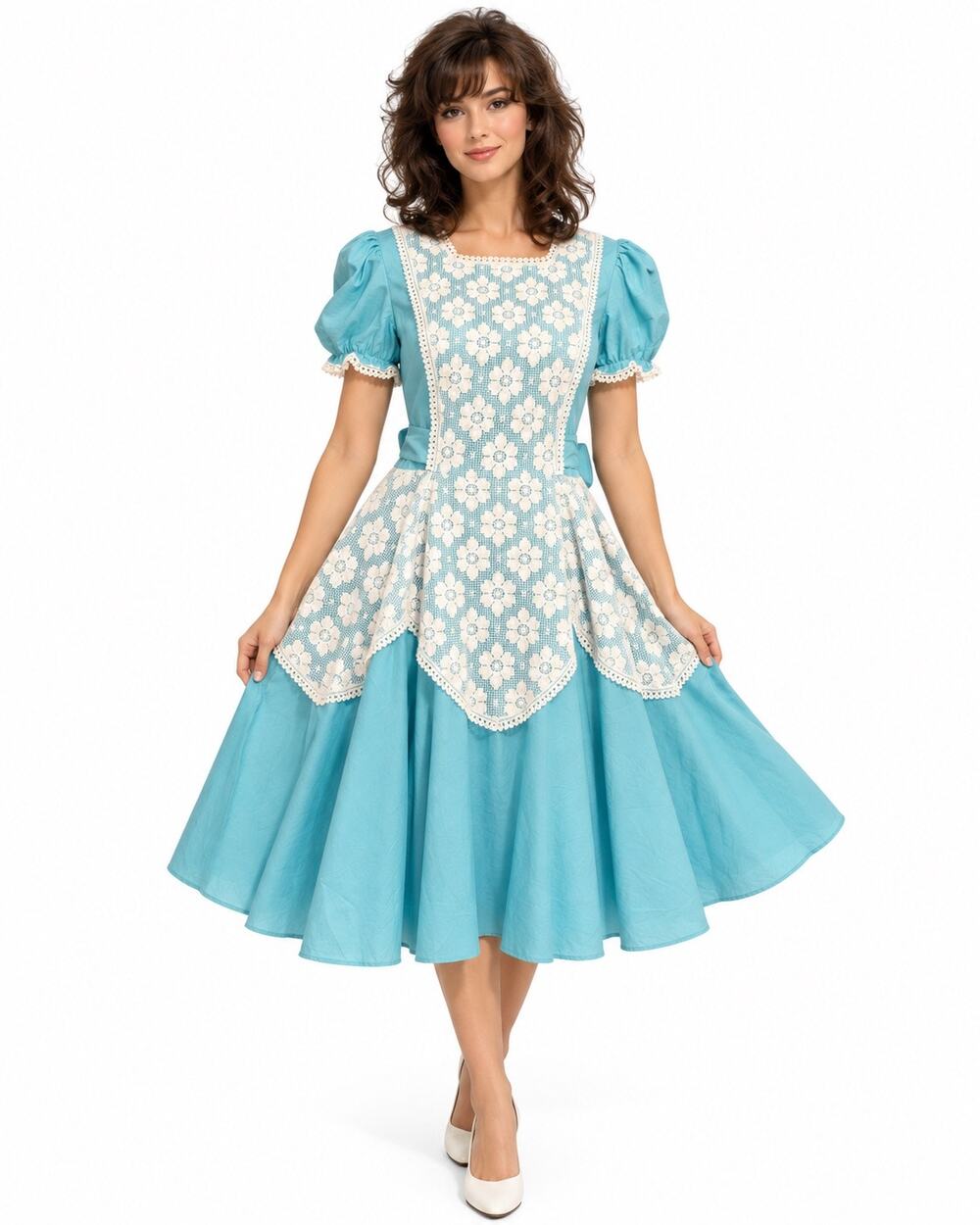 1980s Vintage Aqua Blue Daisy Lace Prairie Romantic Full Circle Dress USA Large